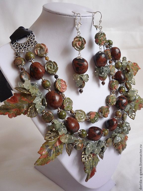 3нити NECKLACE with LEAVES on the RIBBON +EARRINGS UNAKITE Jasper prehnite beads, Jewelry Sets, Taganrog,  Фото №1