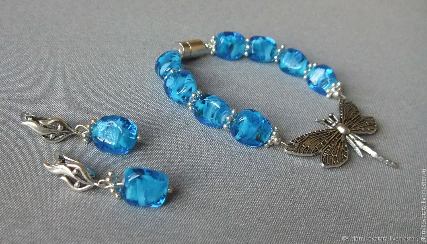 Синяя стрекоза  браслет и серьги из итальянского стекла