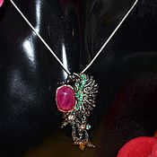 Украшения handmade. Livemaster - original item Brooch-pendant Bird of happiness, ruby, emeralds, Topaz, silver, gilding. Handmade.