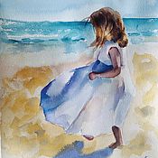 Картины и панно handmade. Livemaster - original item Watercolor painting Girl Sea (yellow turquoise blue-purple). Handmade.