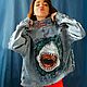 Denim jacket with Shark print. Customization painting of clothes, Outerwear Jackets, Omsk,  Фото №1