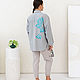 Camisa de lino con bordado gris claro con turquesa. Blouses. NATALINI. Интернет-магазин Ярмарка Мастеров.  Фото №2