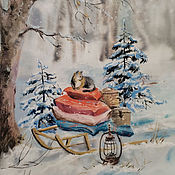 Рисунок акварелью Зимний кот
