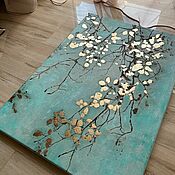 Картины и панно handmade. Livemaster - original item Golden branches on a turquoise background, 70/50cm. Handmade.