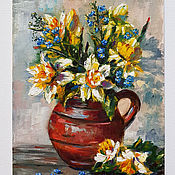 Картины и панно handmade. Livemaster - original item Daffodils and forget-me-nots oil painting. Handmade.