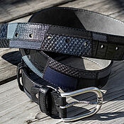 Аксессуары handmade. Livemaster - original item Patchwork Leather Belt Black and Blue-2. Handmade.