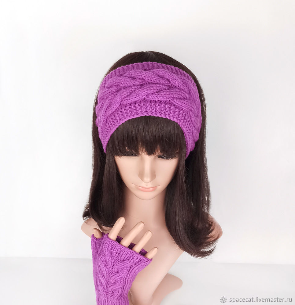 Повязка на голову + митенки с косой, вязаная на волосы Орхидея в ...