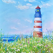 Картины и панно handmade. Livemaster - original item Painting with a lighthouse Summer seascape with flowers. Handmade.