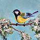 Oil painting bird Tit on a branch Winter Christmas, Pictures, Alicante,  Фото №1