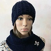 Аксессуары handmade. Livemaster - original item Knitted set - cap and shirt front in dark blue.. Handmade.