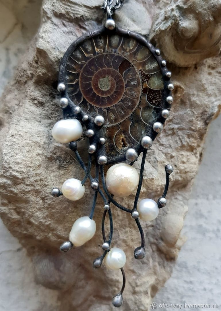 Ammonite with natural pearls (p-137), Pendants, St. Petersburg,  Фото №1
