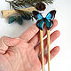 Order Wooden Ash Hairpin with Blue and Black Butterfly Resin. WonderLand. Livemaster. . Hairpin Фото №3