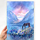 Картина: Горный пейзаж. Конь на закате акварелью. У горы Белуха. Картины. Картины от Алтынай (AltynaiArt). Интернет-магазин Ярмарка Мастеров.  Фото №2