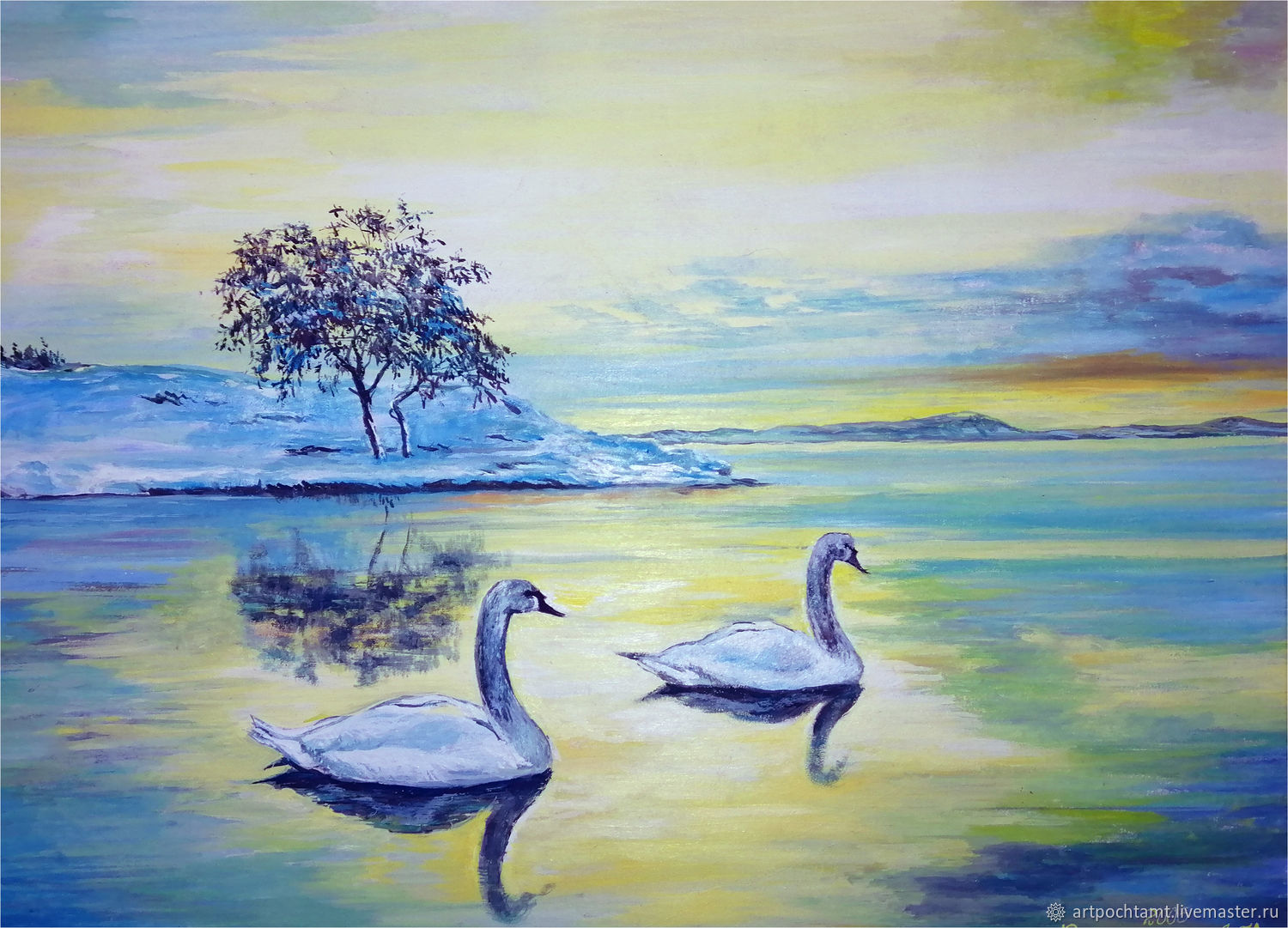 Картина 2 лебедя на озере