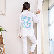 Одежда ручной работы. Ярмарка Мастеров - ручная работа Camisa de Lino blanca con bordado azul en estilo popular. Handmade.