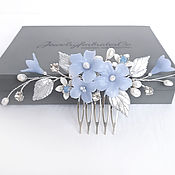 Свадебный салон handmade. Livemaster - original item Wedding comb with blue flowers and silver leaves handmade. Handmade.