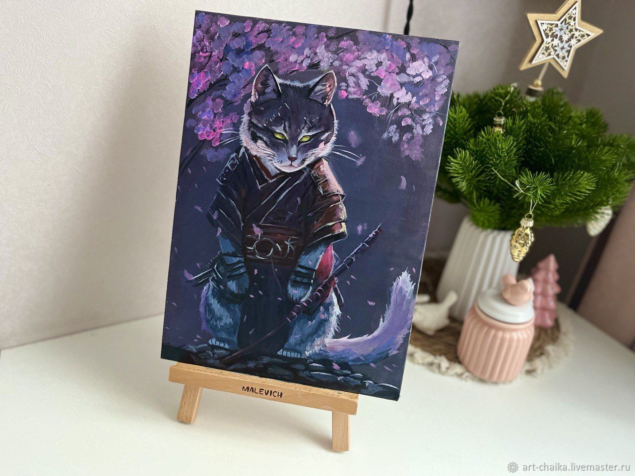 Картины: Кот-самурай в сакуре – купить онлайн на Ярмарке Мастеров ...