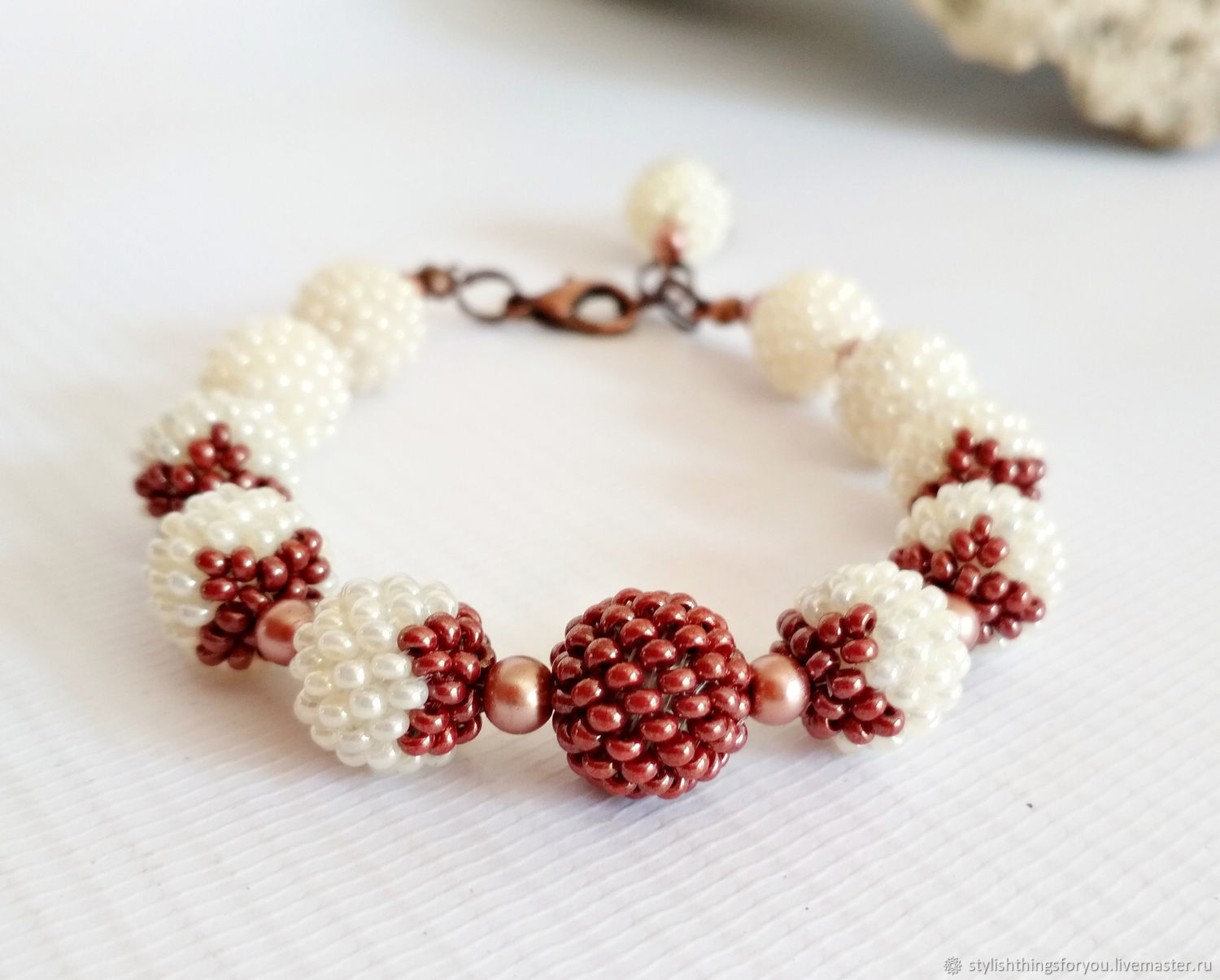 Beaded bracelet with pearl beads and copper pendant, Bead bracelet, Taganrog,  Фото №1