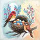 Картина маслом Птички с гнездом на ветвях написана на холсте, Картины, Краснодар,  Фото №1