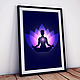 Picture poster Meditation. Woman in Lotus pose against the blue of the sky. Picture for an interior. A painting gift. Yoga picture. The petals of a Lotus. The universe. Mystery. Buy designer picture.
