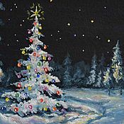 Картины и панно handmade. Livemaster - original item Picture miniature Christmas tree, New year, Midnight, 20h15, oil. Handmade.