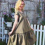 Одежда handmade. Livemaster - original item Linen dress, khaki, with a wide frill, loose fitting. Handmade.
