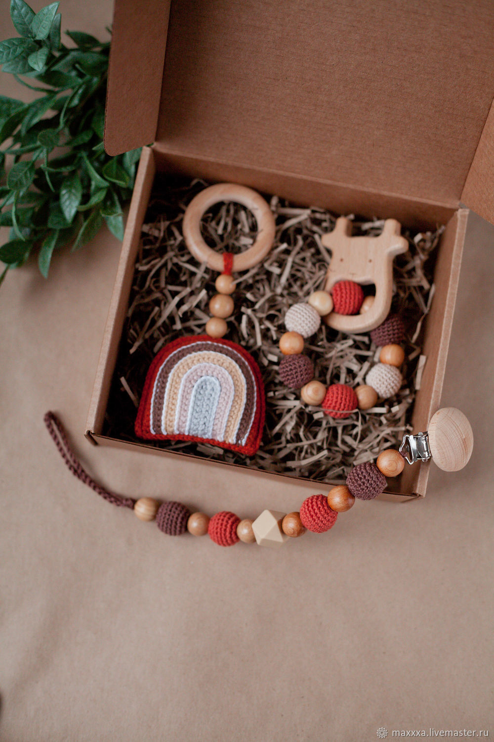 Baby box with rainbow: nipple holder, rodent, rattle, Gift for newborn, Ryazan,  Фото №1