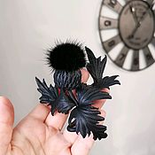Brooch Thistles made of leather and fur