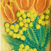 Картины и панно handmade. Livemaster - original item Painting tulips and mimosa on gold canvas 