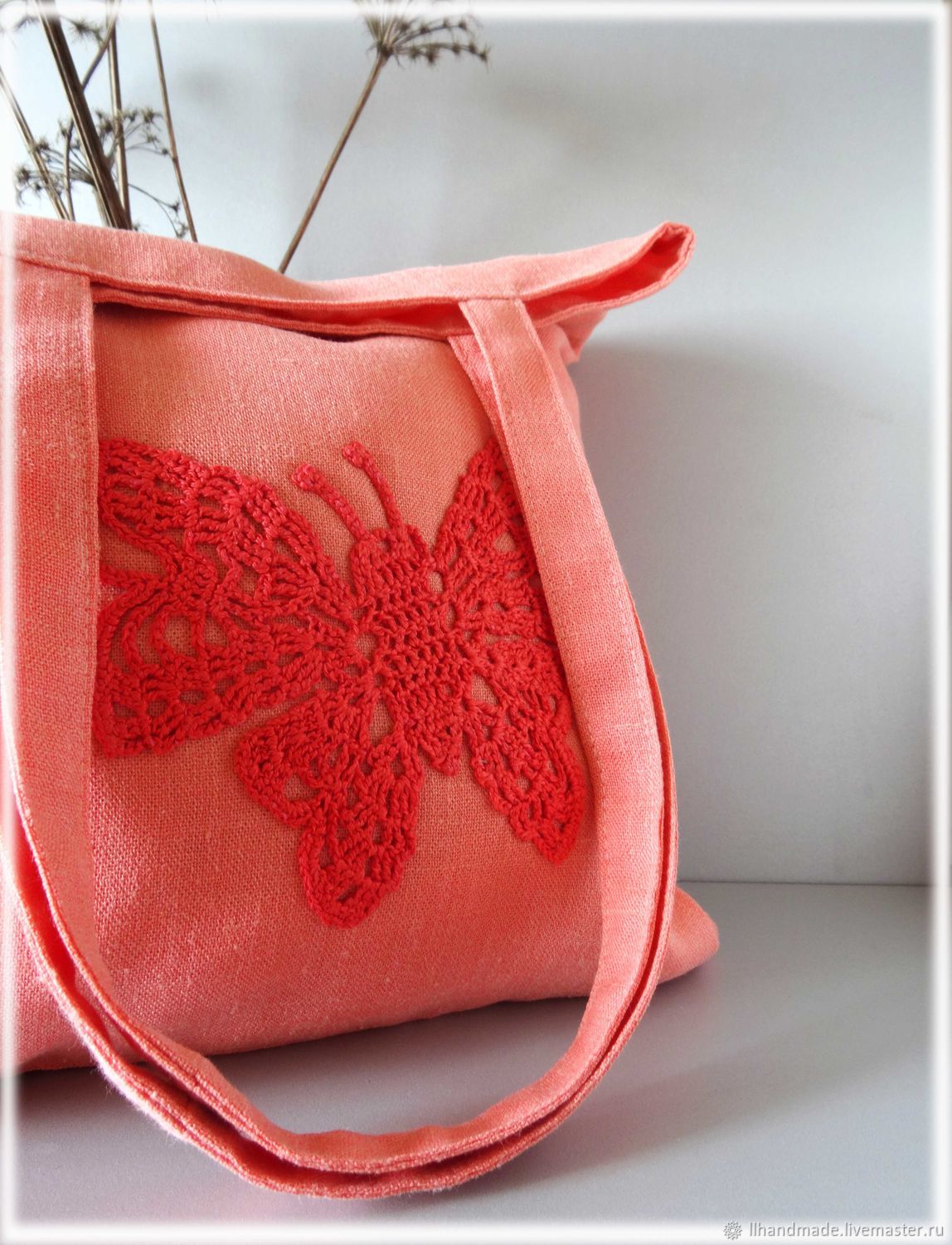 Эко-сумка "Персиковое лето" - ручная вышивка, авоська, льняная сумка
