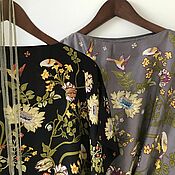 Black tunic silk (silk blouse, top, dress with flowers and birds)