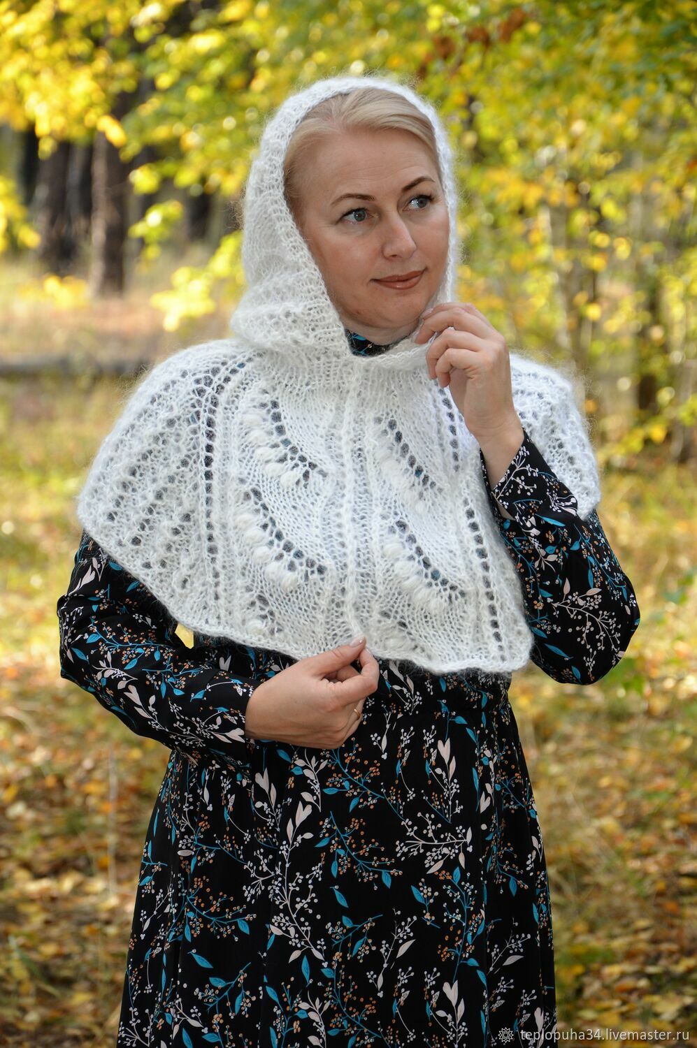 Bonnets: Fashionable Bonnet-shirt front 'Forest-lilies of the valley' downy, Hood, Urjupinsk,  Фото №1