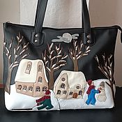 Сумки и аксессуары handmade. Livemaster - original item Bag leather Women`s Bag Shopper bag with Applique Winter Village. Handmade.