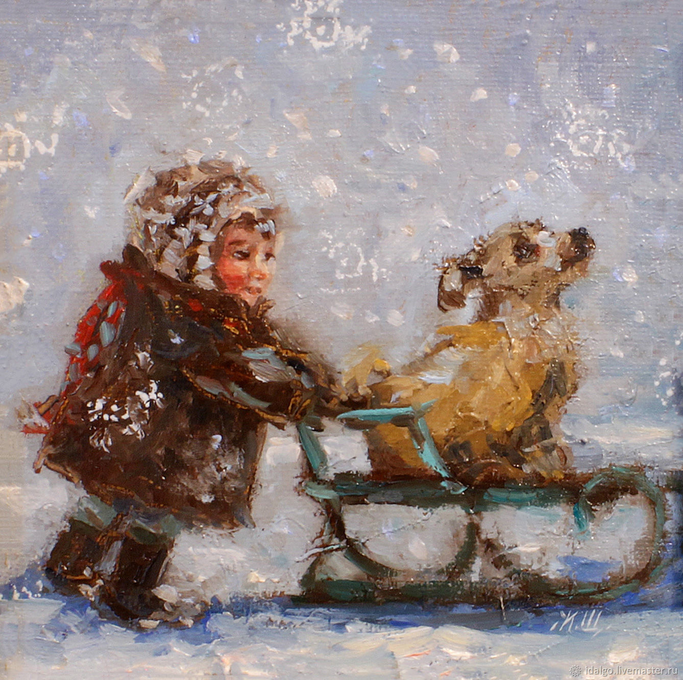 Дети зимой живопись