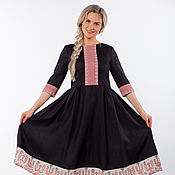 Linen dress in Russian style captain's daughter with ornament