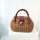 Women's bag wicker brown with a burgundy leather cover and handles, Classic Bag, Astrakhan,  Фото №1