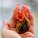 Physalis brooch with simbircite, coral and beading, Brooches, Kursk,  Фото №1