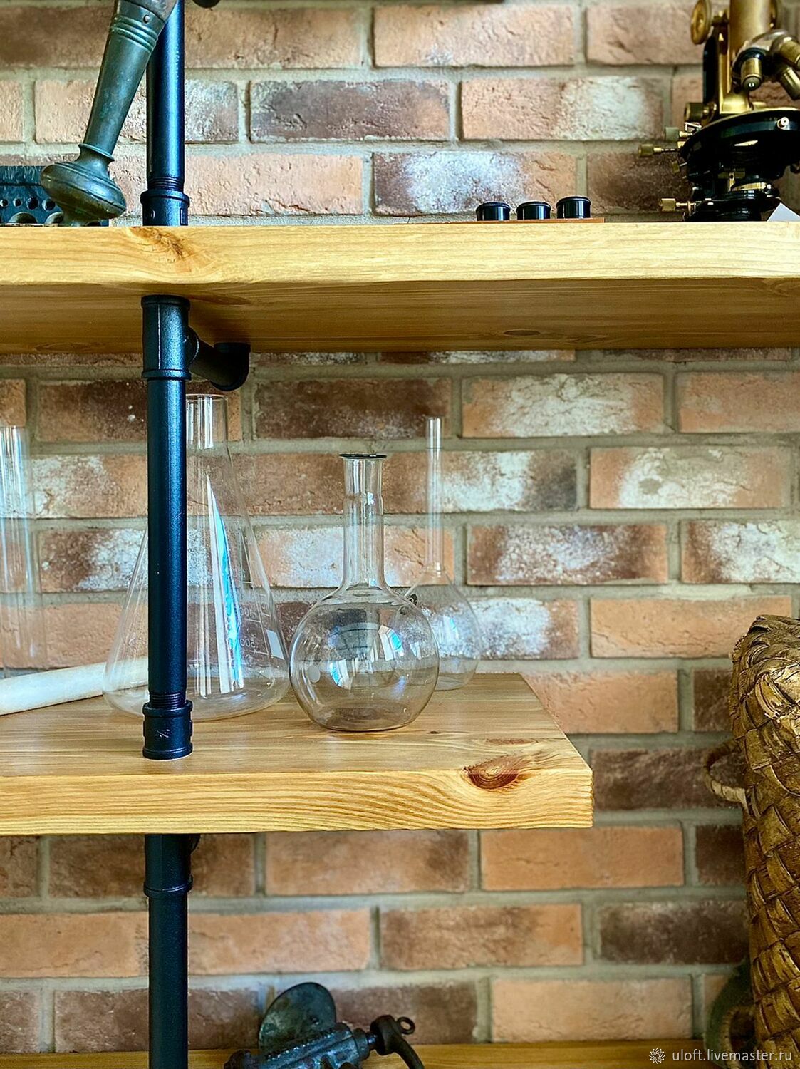 Shelving made of solid pine and VGP pipes (Cheese Museum project