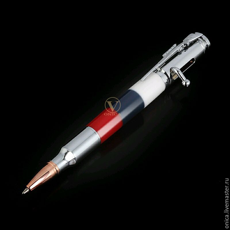 ballpoint pen is stylized with a real bullet. the handle mechanism works similarly to the bolt action rifle. basis combined is handcrafted of acrylic in the colors of the russian flag.
