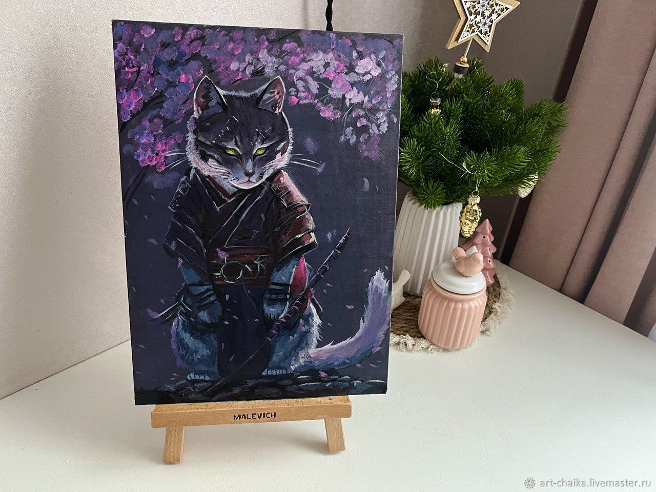 Картины: Кот-самурай в сакуре – купить онлайн на Ярмарке Мастеров ...