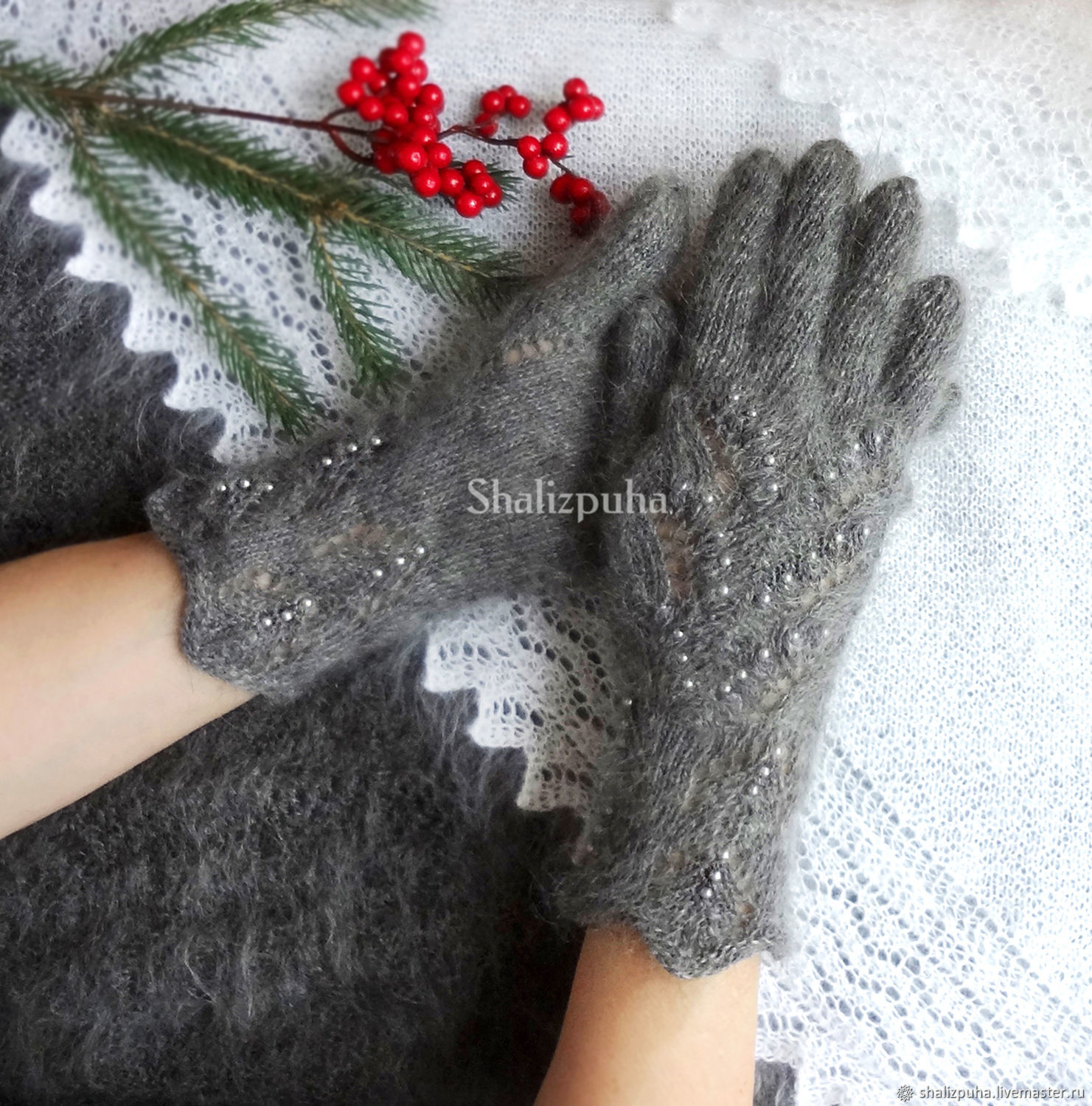  down, knitted, made of gray goat down, 71, Gloves, Orenburg,  Фото №1