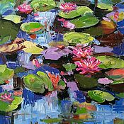 Картины и панно handmade. Livemaster - original item Oil painting of Water Lilies (pink green pond). Handmade.