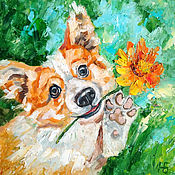 Картины и панно handmade. Livemaster - original item Painting of a corgi portrait of a dog with an oil flower. Handmade.