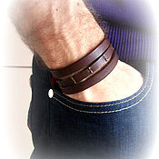 Wide leather bracelet for men with coin