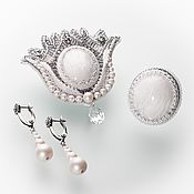 Украшения handmade. Livemaster - original item White Magnolia brooch and ring with white scolecite and earrings. Handmade.