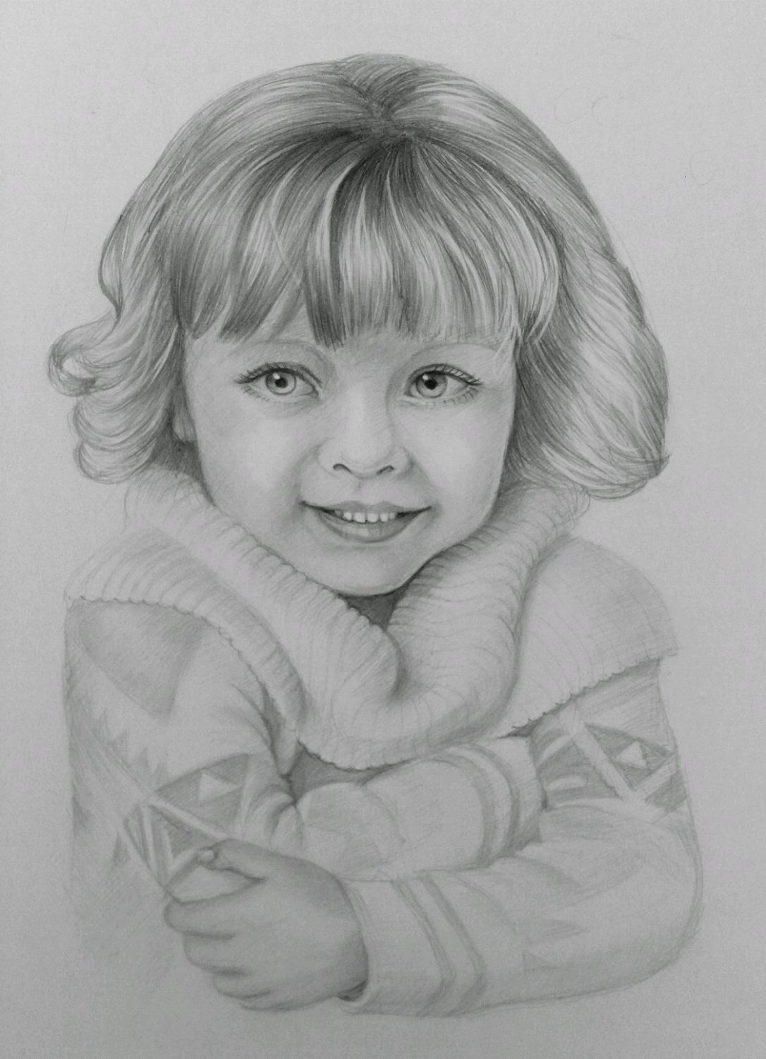 Графический портрет карандашом маленькой большеглазой девочки