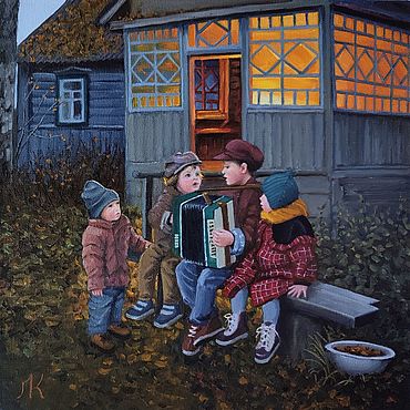 Картины и панно ручной работы. Ярмарка Мастеров - ручная работа Картина маслом с детьми:"Вечерняя гармония". Handmade.