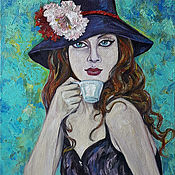 Картины и панно handmade. Livemaster - original item Original painting Parisian woman drinking morning coffee in cafe scene. Handmade.
