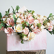 Цветы и флористика handmade. Livemaster - original item Bouquet in a wooden box. Flowers from polymer clay.. Handmade.