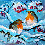 Картины и панно handmade. Livemaster - original item Painting Robin Mountain Ash Canvas 20 by 20 Two birds Robin Oil. Handmade.